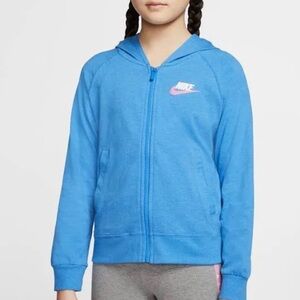Nike Big Girls Full Zip Hoodie Pacific Blue Size With Pink Logo Size XL